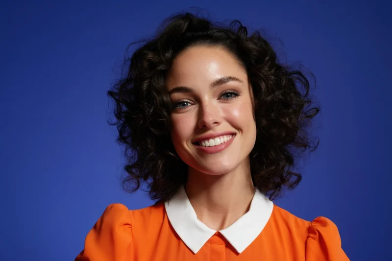 Smiling woman with dark curly hair in orange blouse with white collar against blue background