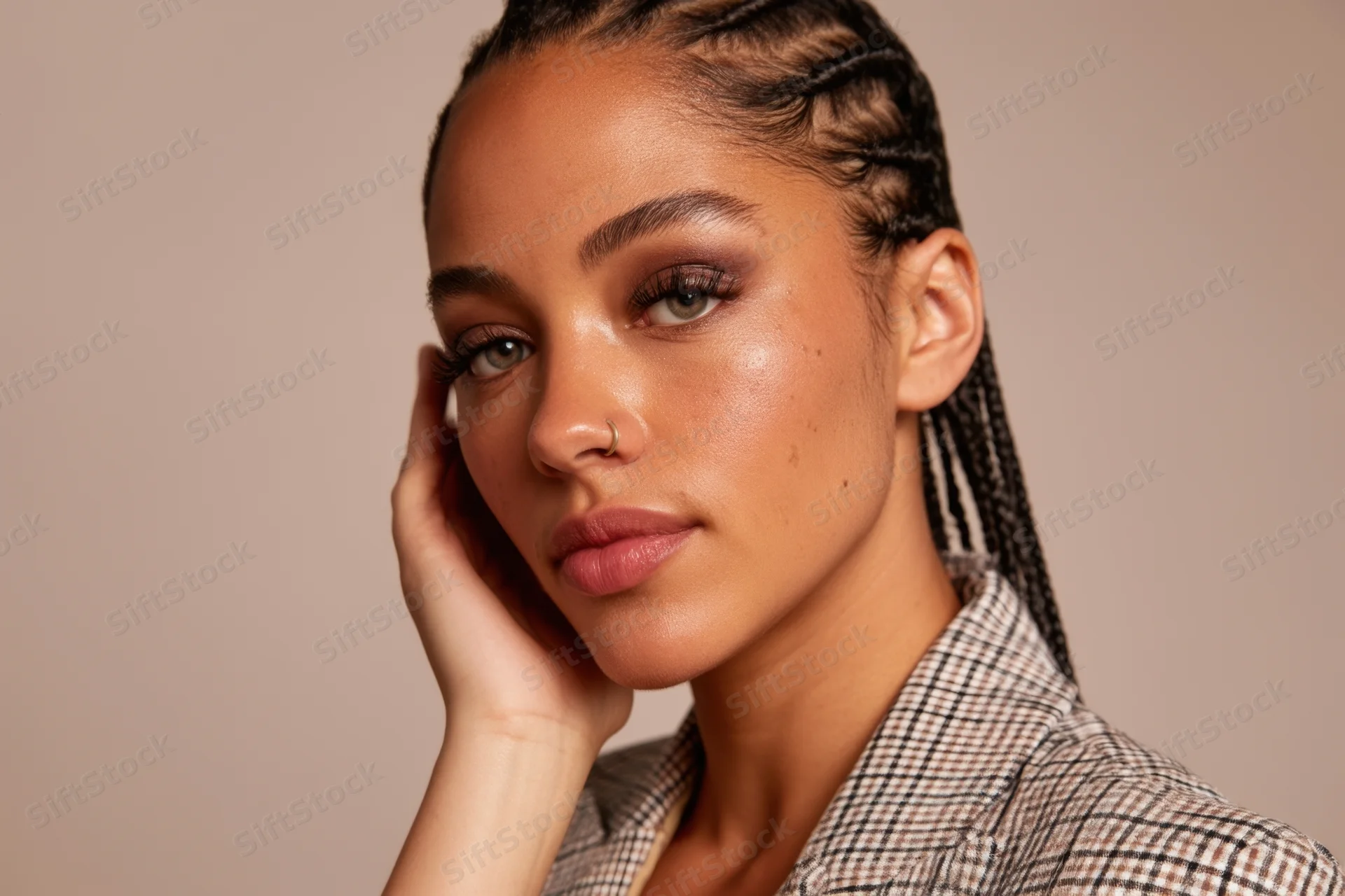 Woman with braided hair and nose ring touching her face in studio portrait