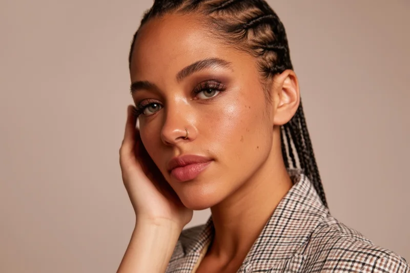 Woman with braided hair and nose ring touching her face in studio portrait