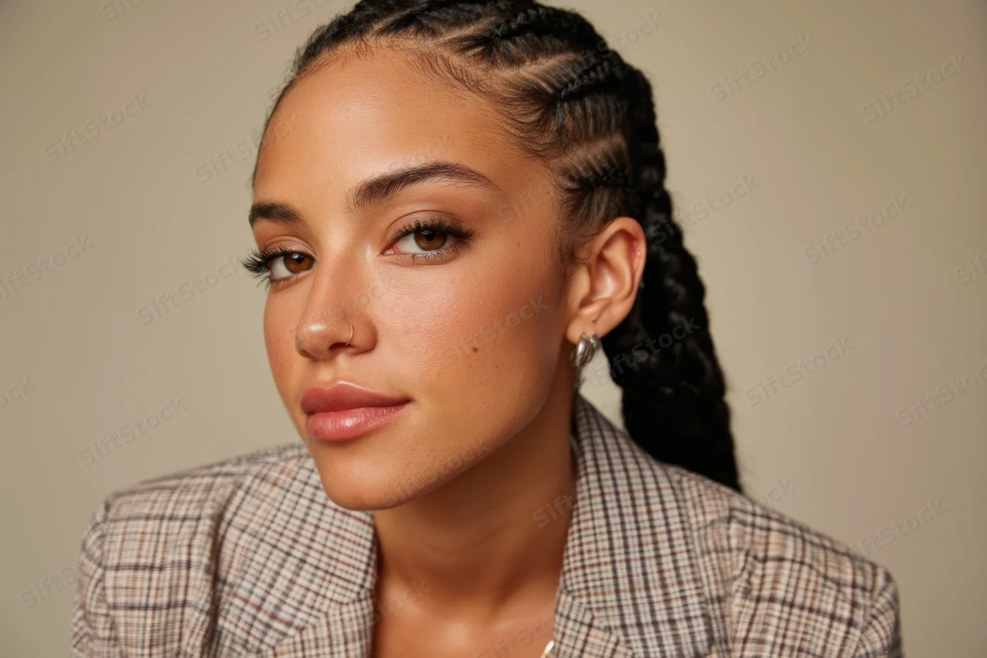 Woman with braided hair and nose ring wearing a plaid blazer in studio setting