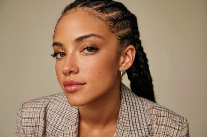 Woman with braided hair and nose ring wearing a plaid blazer in studio setting