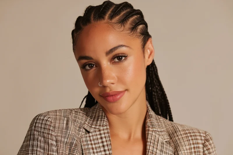 Woman with braided hair and nose ring wearing a checkered blazer in studio portrait