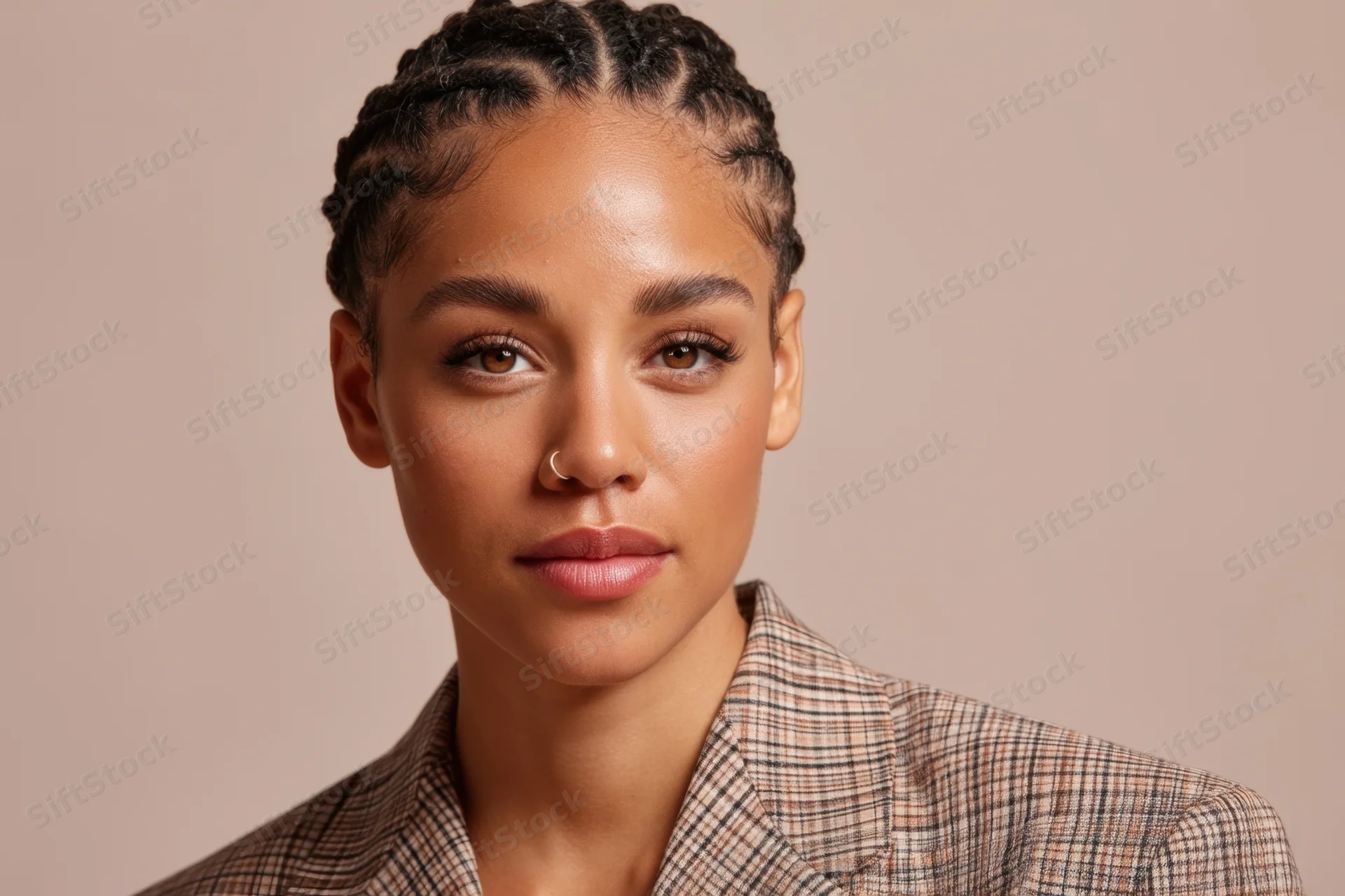Woman with braided hair and nose ring wearing a plaid blazer in studio portrait