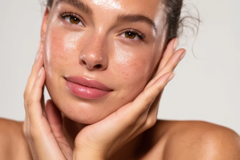 Woman touching her face with hands, showcasing dewy natural skin in studio setting