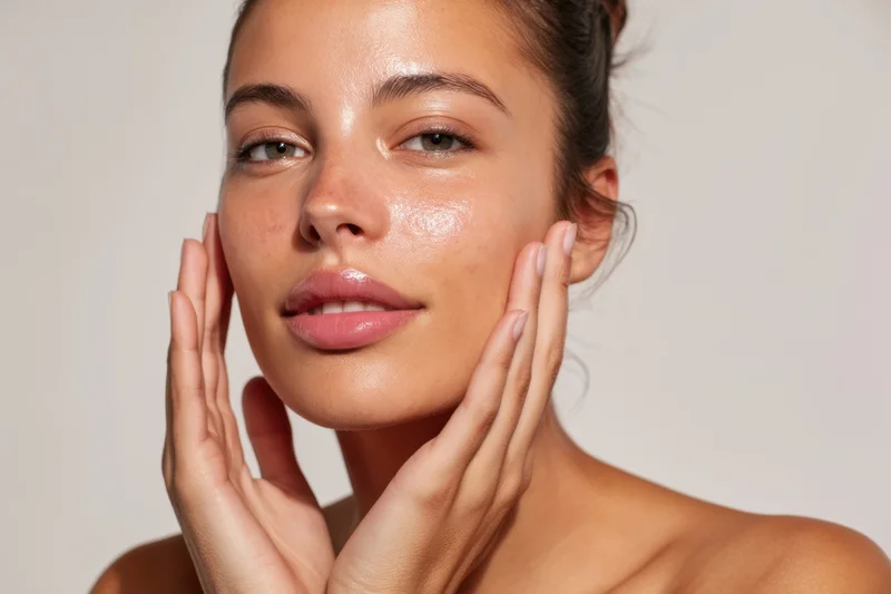 Woman touching her face with hands, showing dewy skin in studio portrait