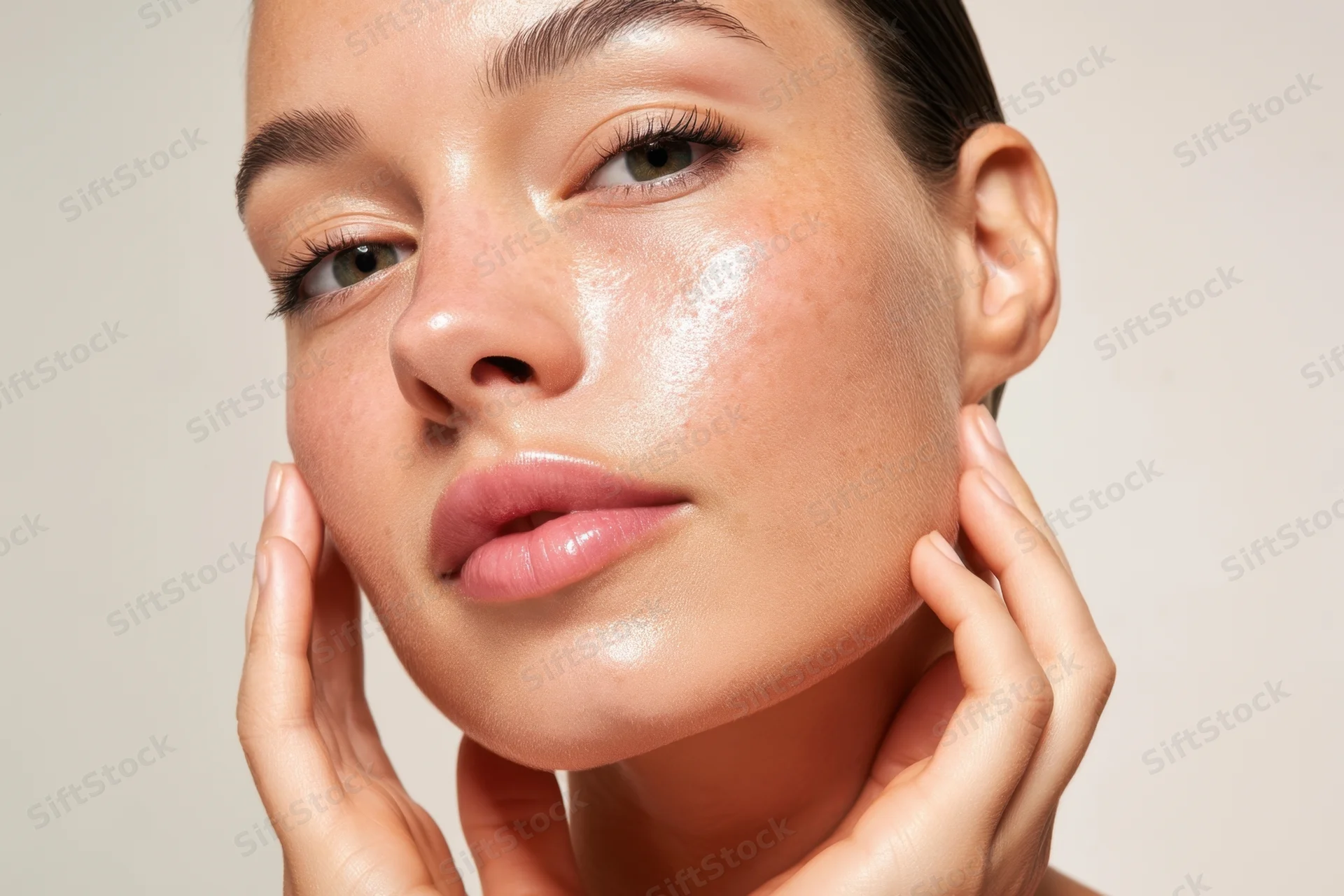 Woman touching her face with hands, showcasing dewy natural skin in close-up portrait