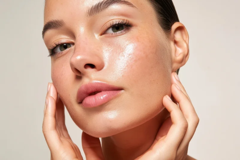 Woman touching her face with hands, showcasing dewy natural skin in close-up portrait