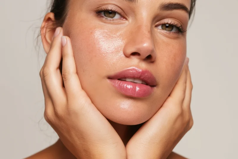 Woman holding her face with hands, showcasing dewy skin and natural makeup in studio lighting