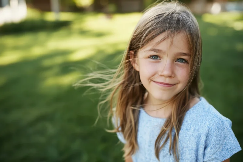 Young girl smiling in a sunlit grassy yard