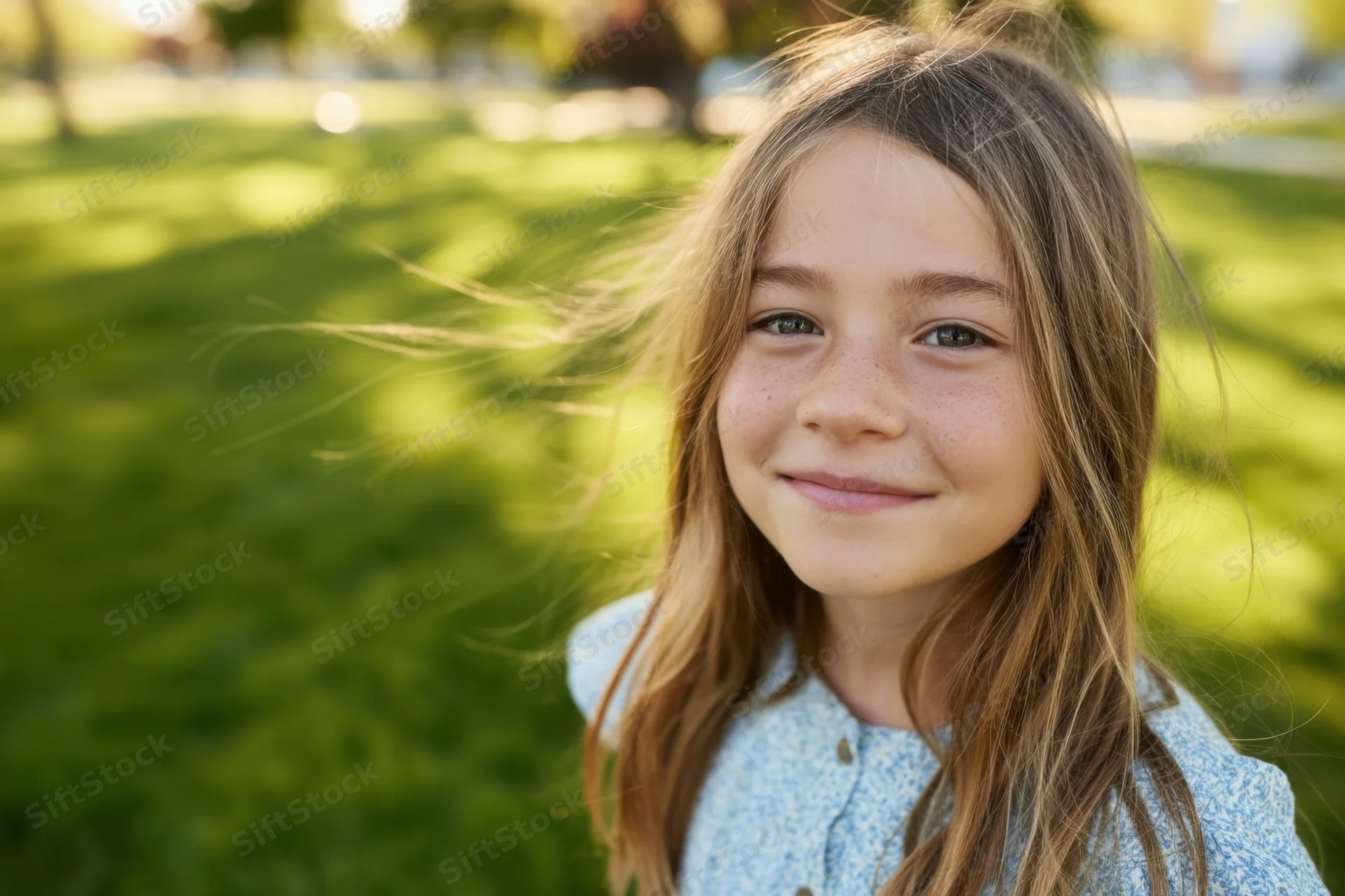 Young girl smiling in a sunlit park with long light-brown hair blowing in the breeze