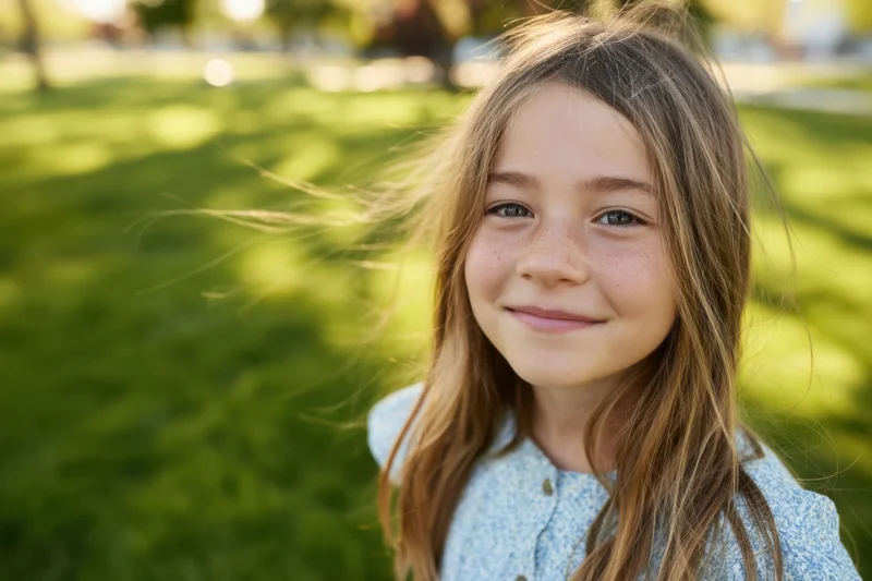 Young girl smiling in a sunlit park with long light-brown hair blowing in the breeze