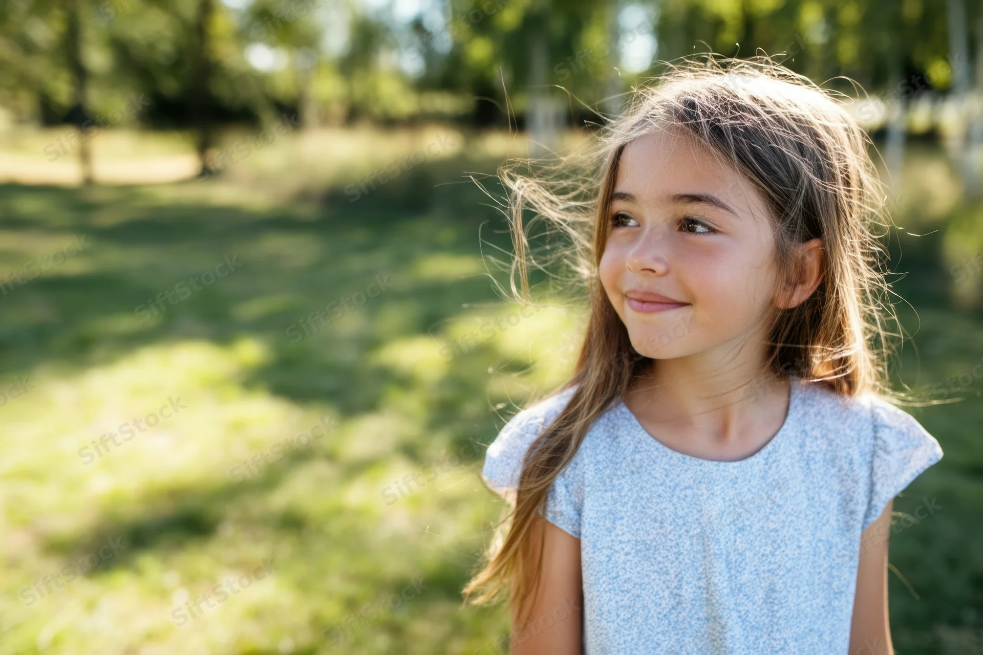 Young girl smiling in profile outdoors in a sunlit park