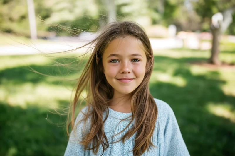 Young girl smiling in a park with wind blowing her hair