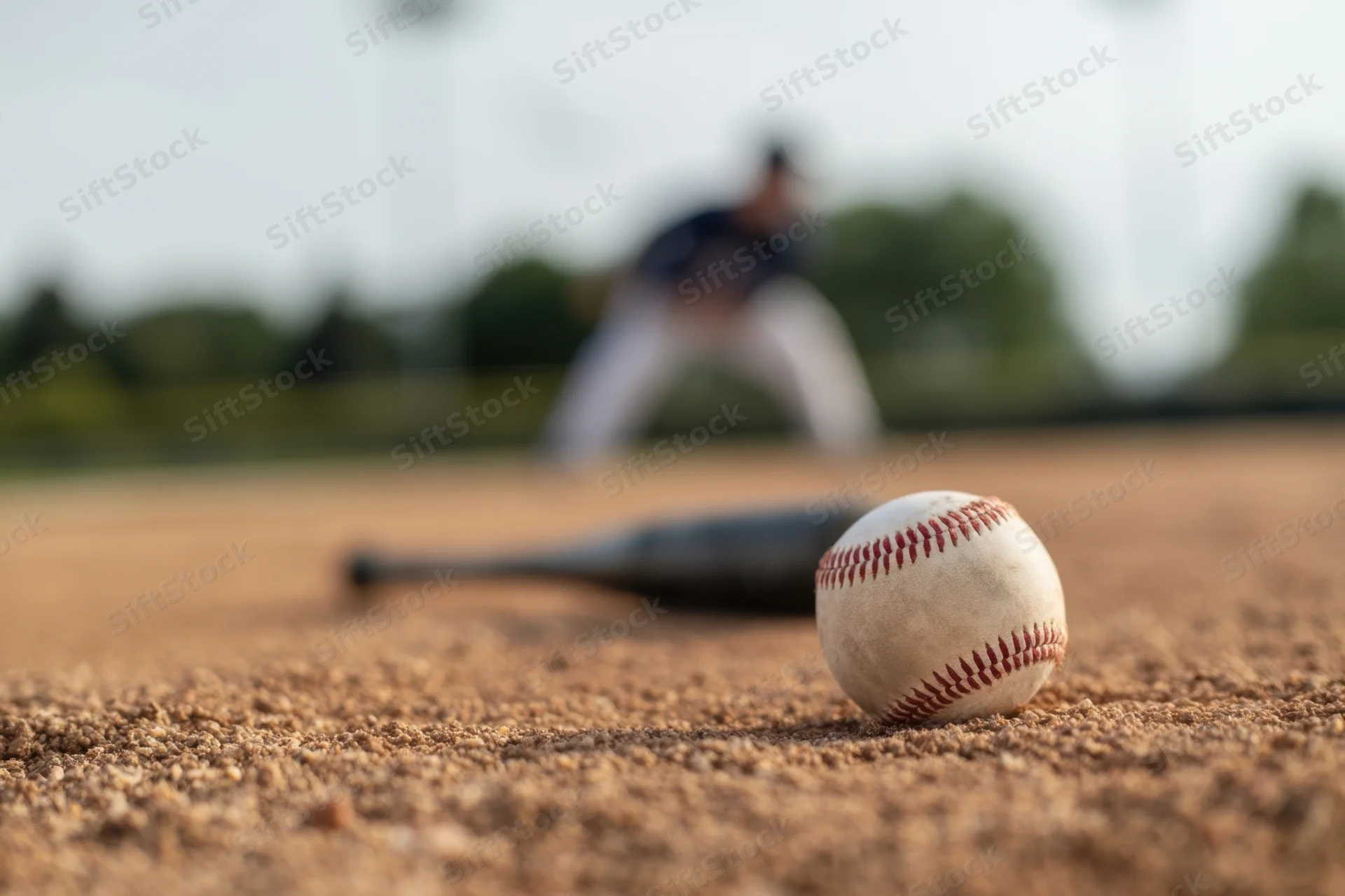Baseball and bat resting on dirt field with pitcher in background