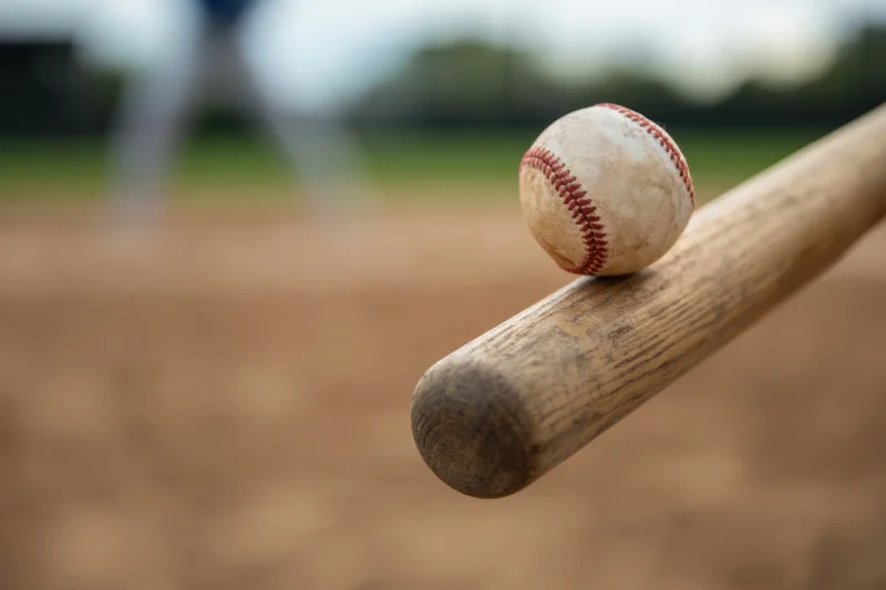 Baseball resting on a wooden bat on a dirt field