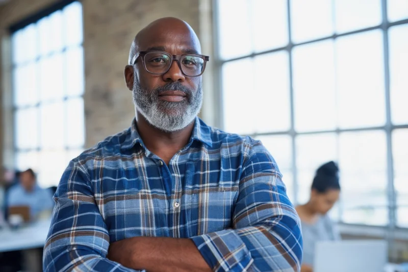 Bald man with gray beard and glasses wearing blue plaid shirt, arms crossed, in office workspace with colleagues at desks near large windows