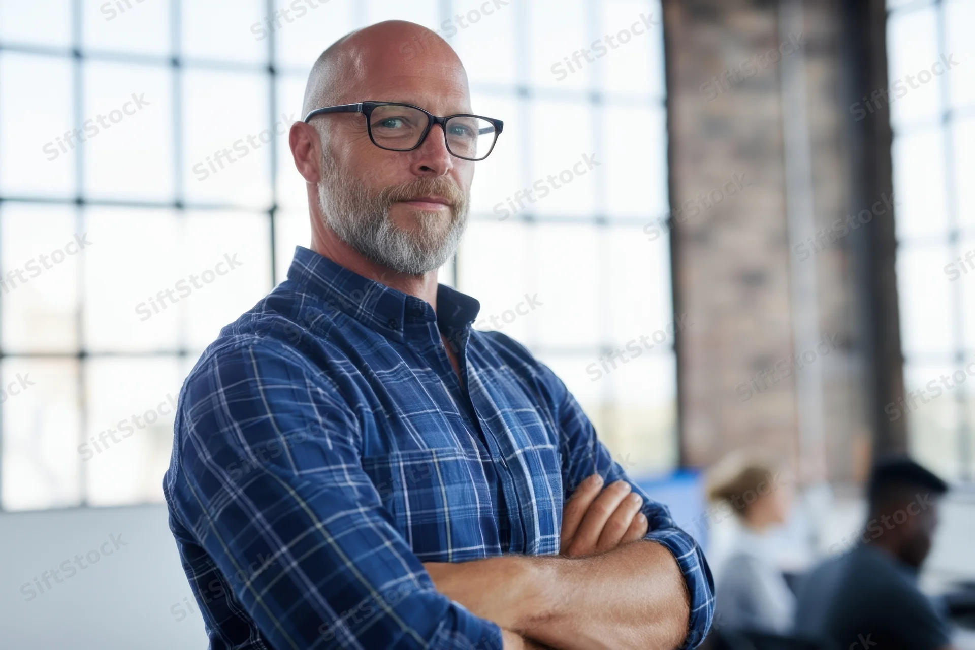 Bald man with gray beard and glasses standing with arms crossed in modern office space