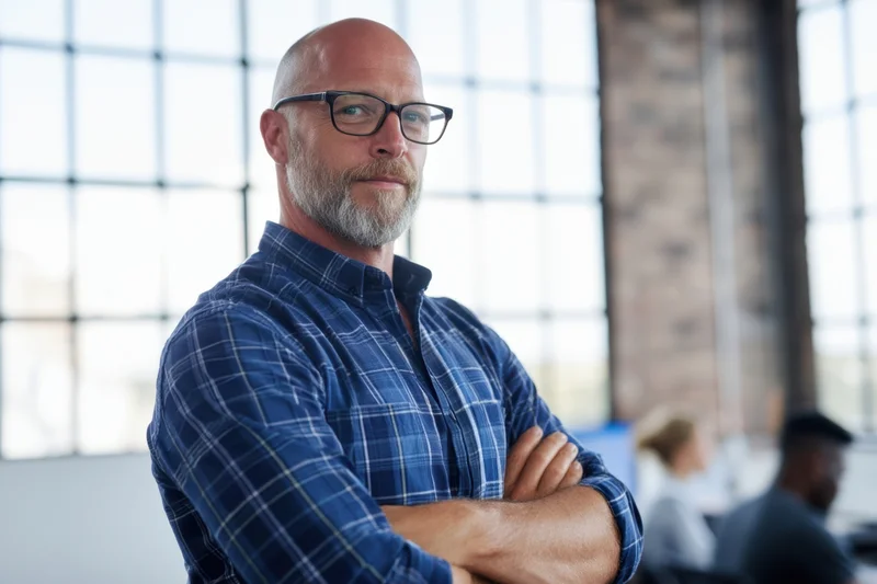 Bald man with gray beard and glasses standing with arms crossed in modern office space