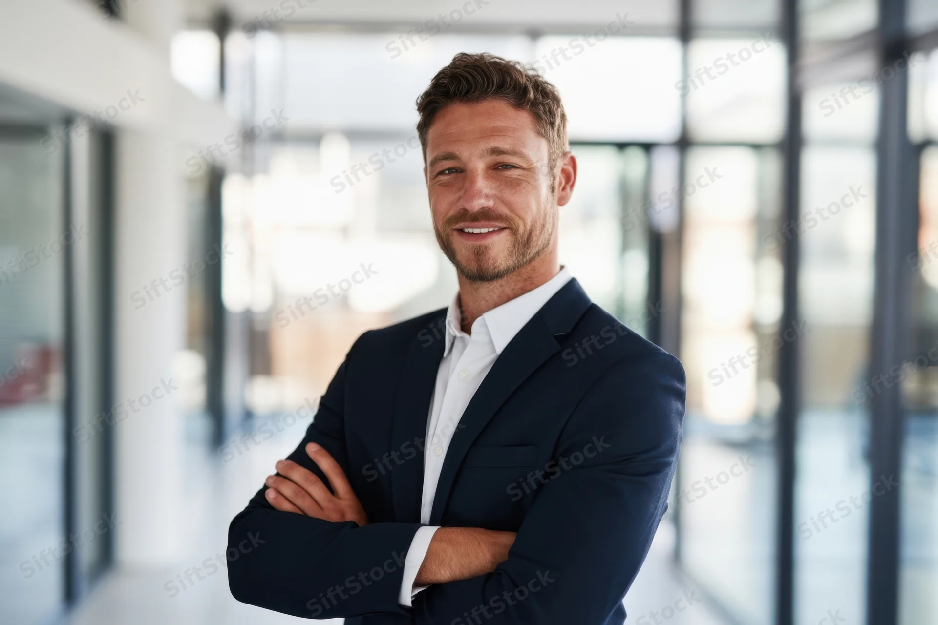 Confident businessman with arms crossed smiling in modern office hallway