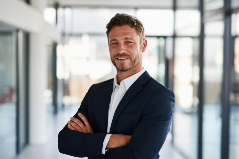 Confident businessman with arms crossed smiling in modern office hallway