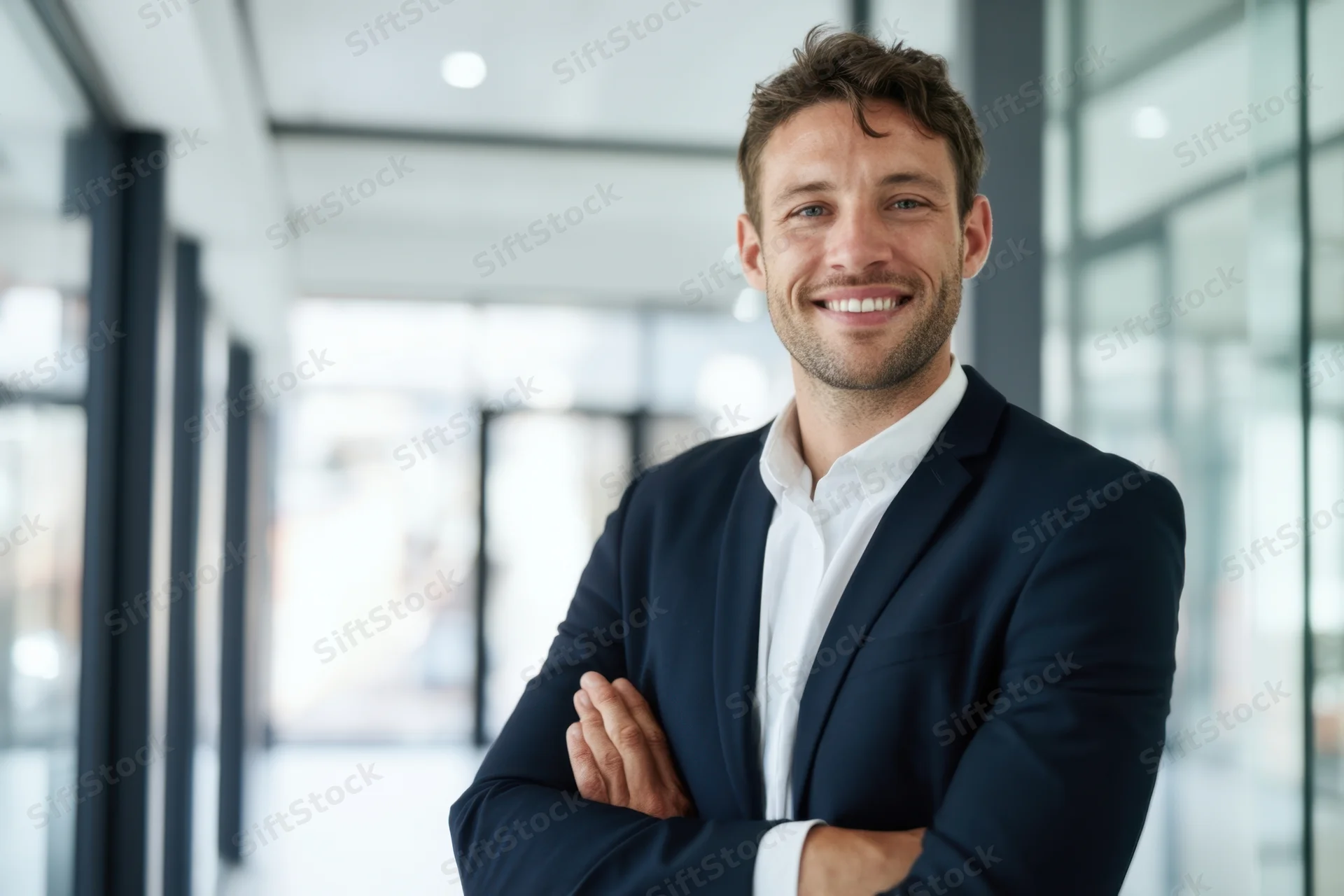 Confident businessman with arms crossed smiling in modern office corridor