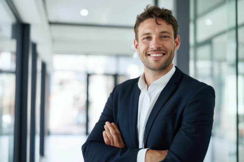 Confident businessman with arms crossed smiling in modern office corridor