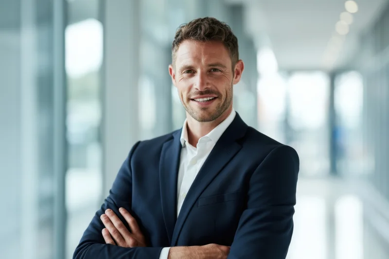Confident businessman in suit with arms crossed standing in modern office hallway