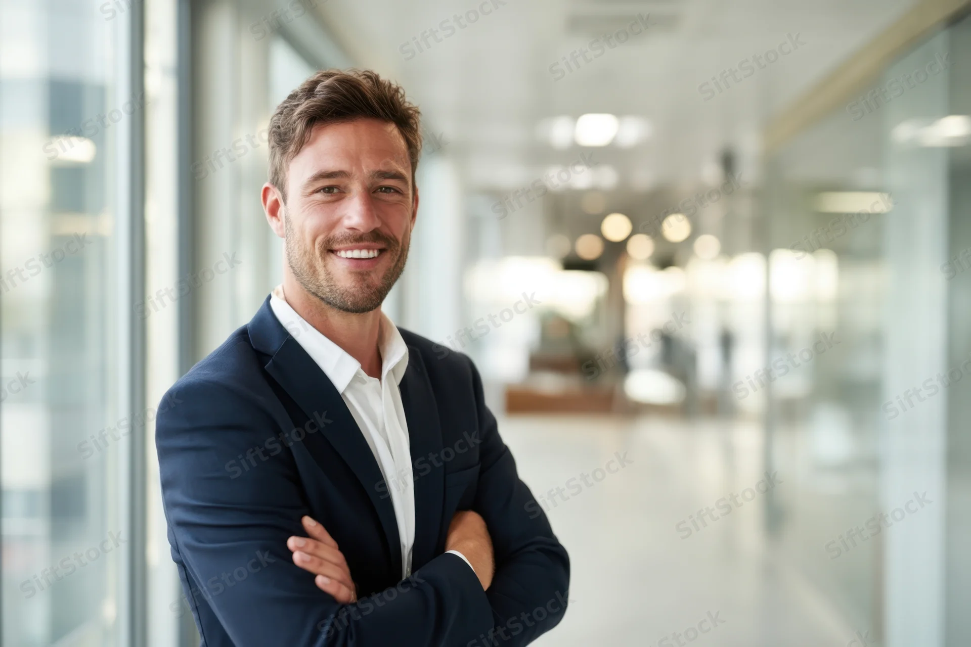 Confident businessman in suit smiling with arms crossed in modern office hallway