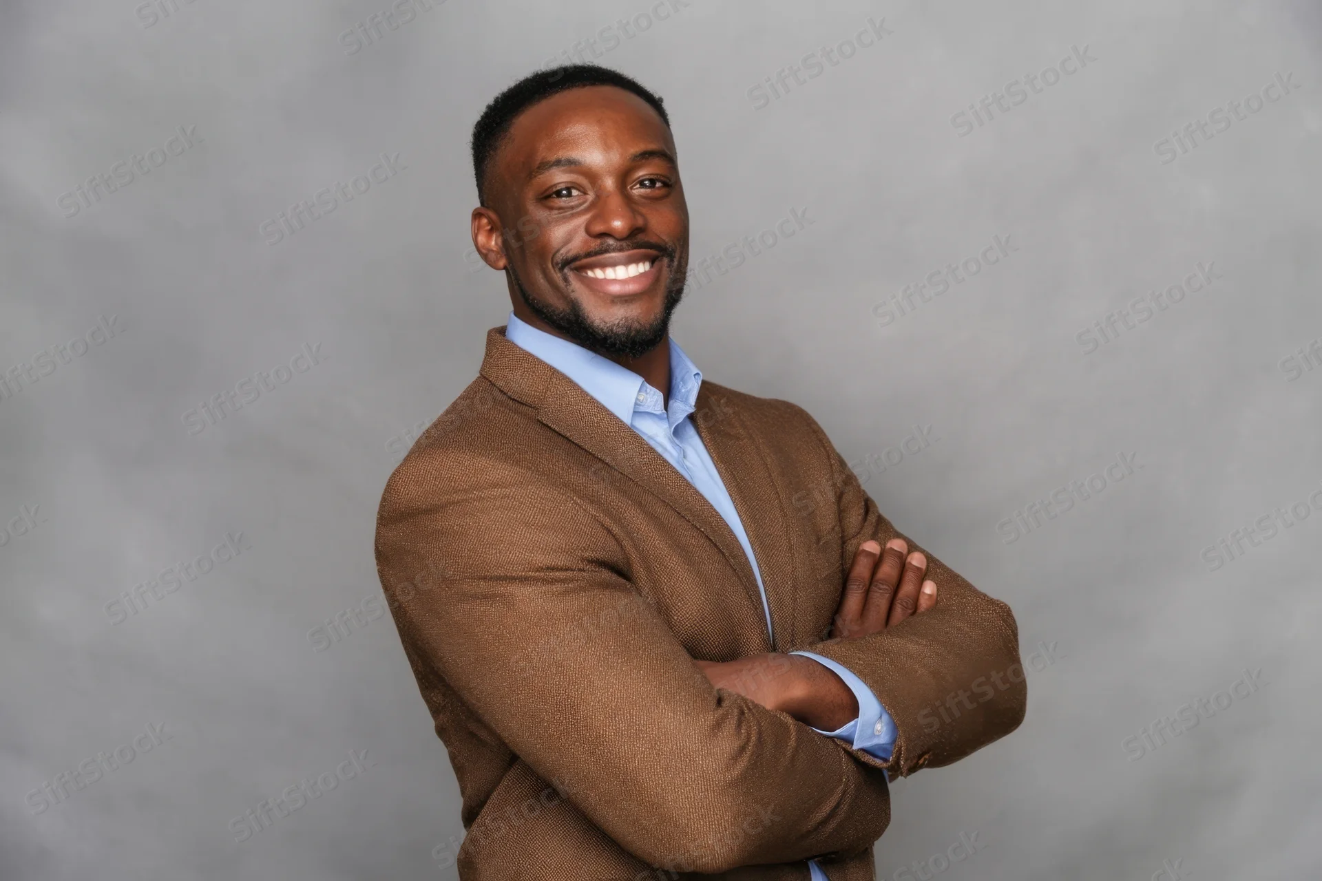 Confident man in brown blazer over light blue shirt with arms crossed in studio portrait