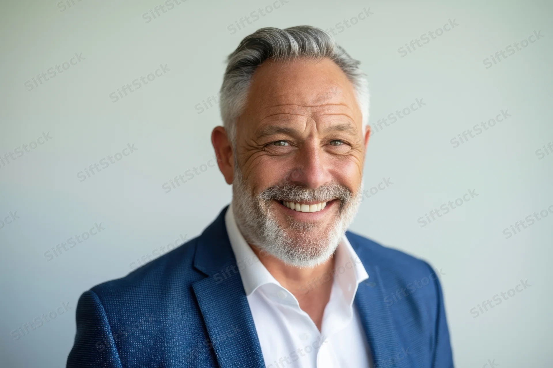 Smiling middle-aged man in blue blazer and white shirt posing for professional portrait against plain background