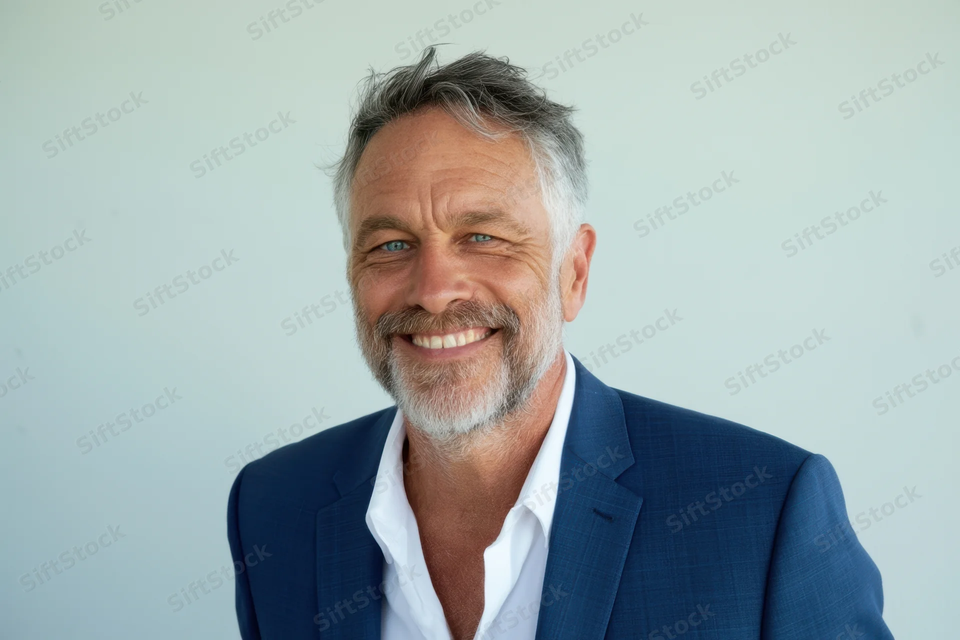 Smiling middle-aged man in blue suit and white shirt against light background