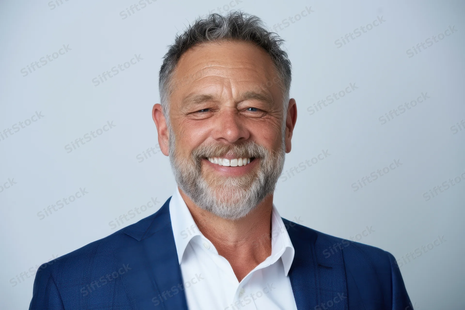 Middle-aged man smiling in a blue suit and white shirt against a plain background