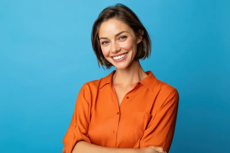 Confident woman smiling with arms crossed against blue background