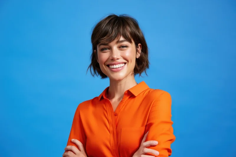 Woman smiling with arms crossed in orange shirt against blue background