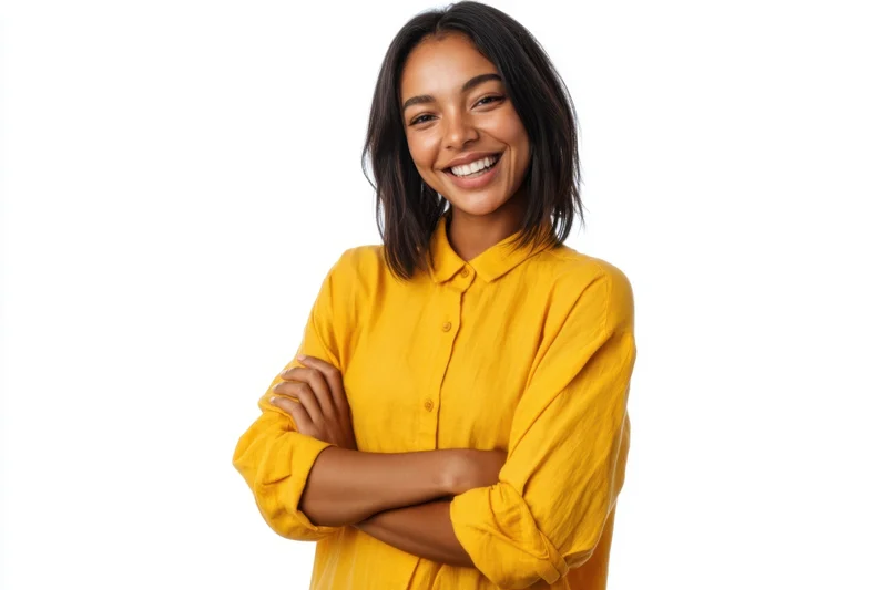 Woman smiling with arms crossed in yellow shirt against white background