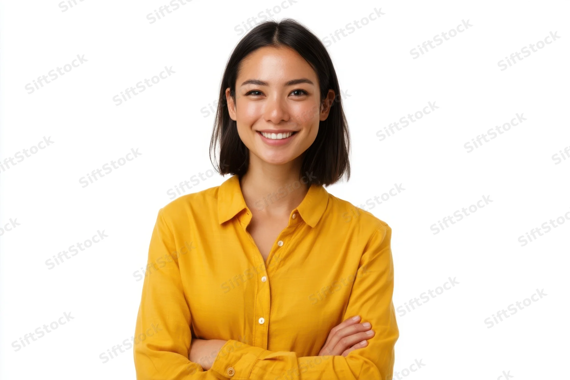 Smiling woman with arms crossed wearing yellow shirt against white background