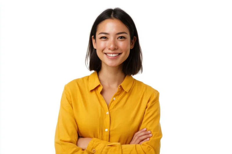 Smiling woman with arms crossed wearing yellow shirt against white background