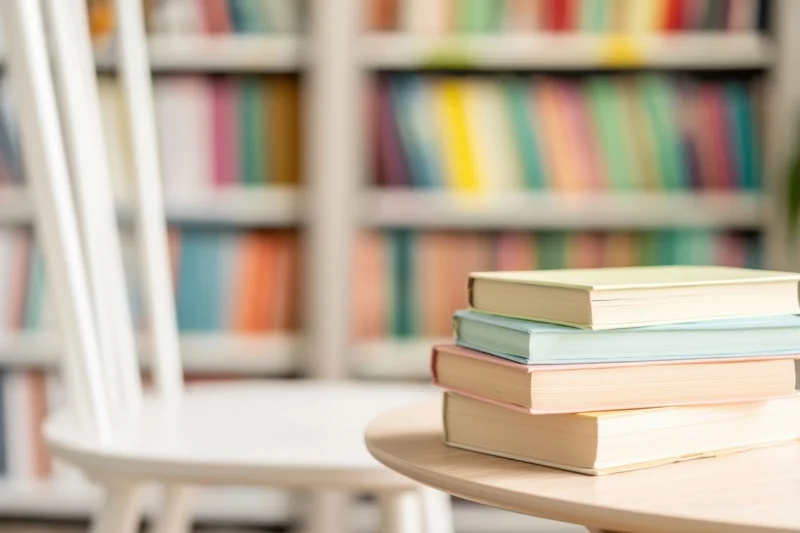 Stack of pastel books on wooden table in front of bookshelf with white chair nearby