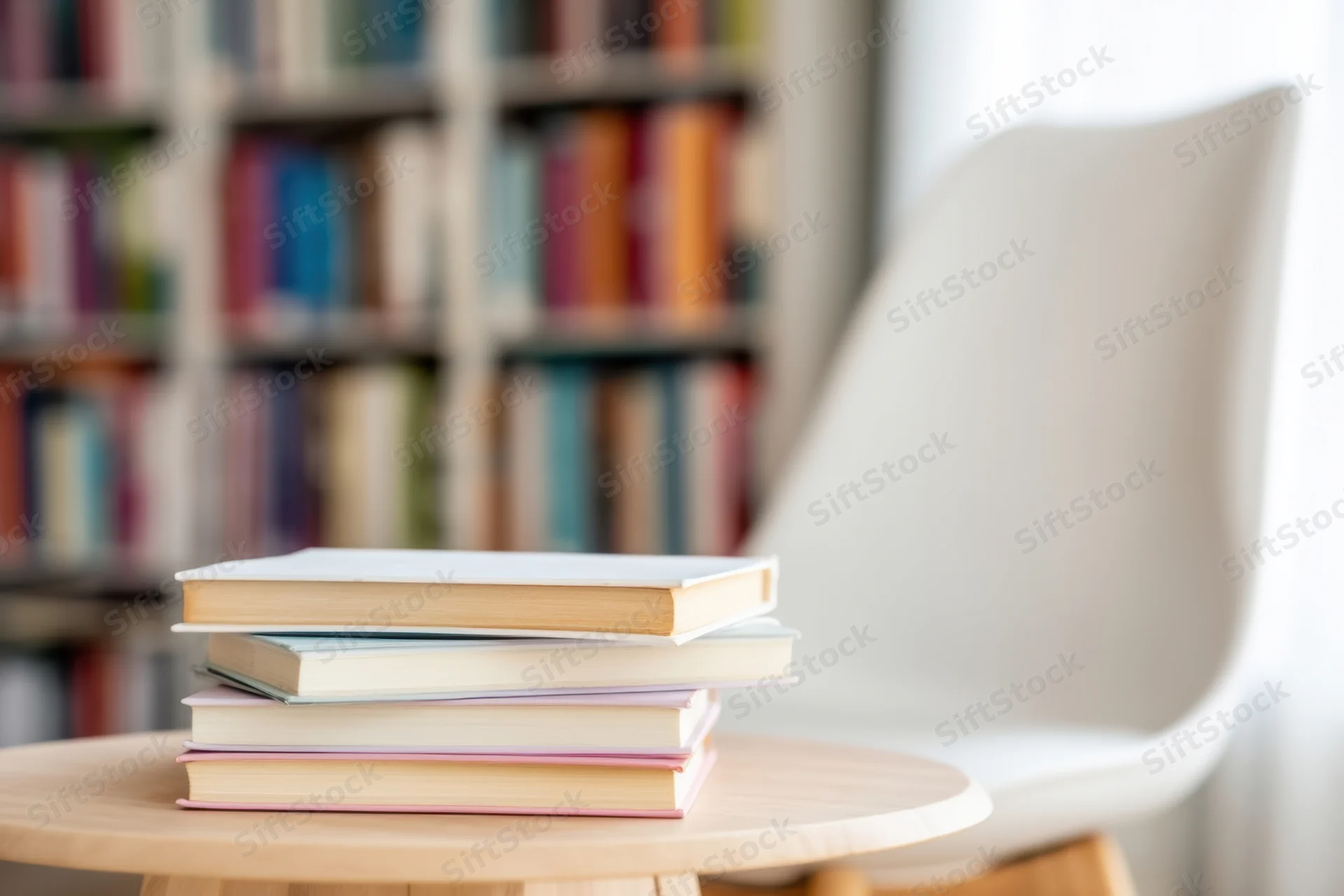 Stack of books on a wooden table beside a white chair in a cozy reading corner with bookshelf in background