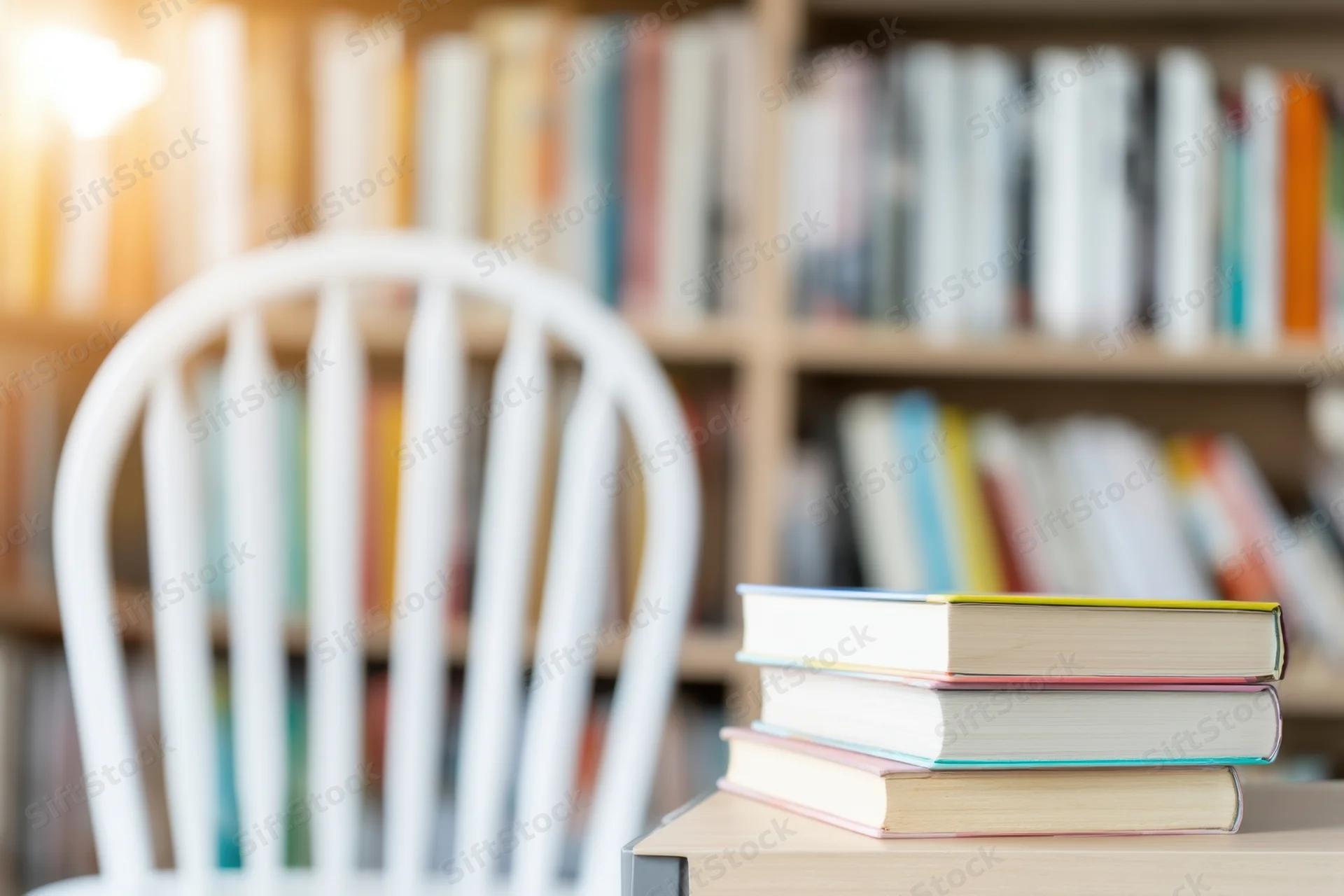 Stack of books on a desk beside a white chair in front of a bookshelf