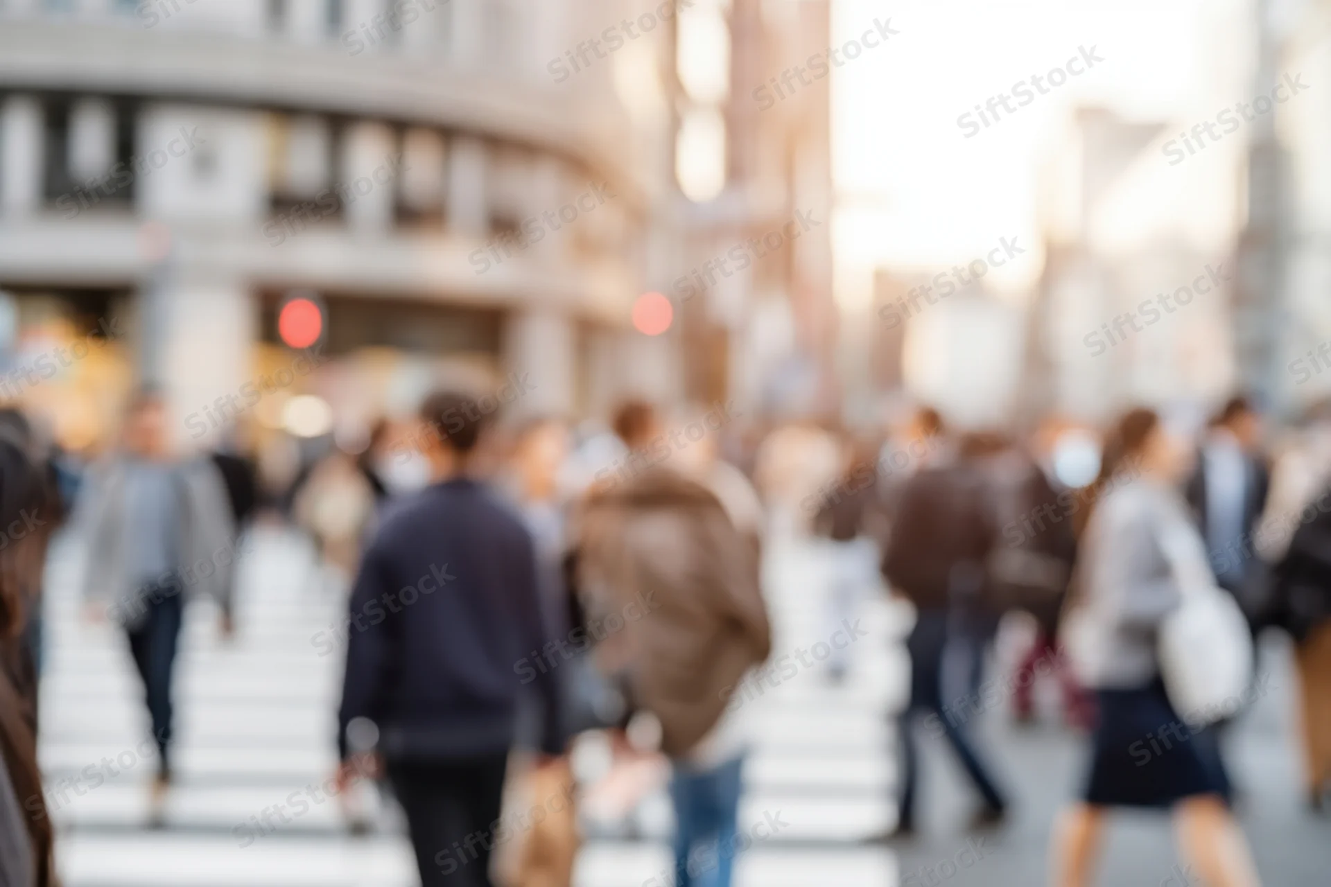 Blurred pedestrians crossing a city street at dusk
