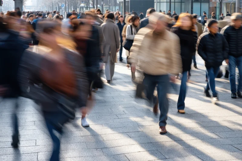 Blurred pedestrians walking on a city sidewalk in daylight