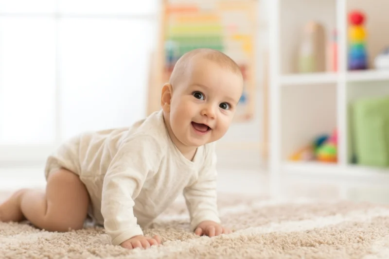 Baby crawling on soft beige rug in bright playroom