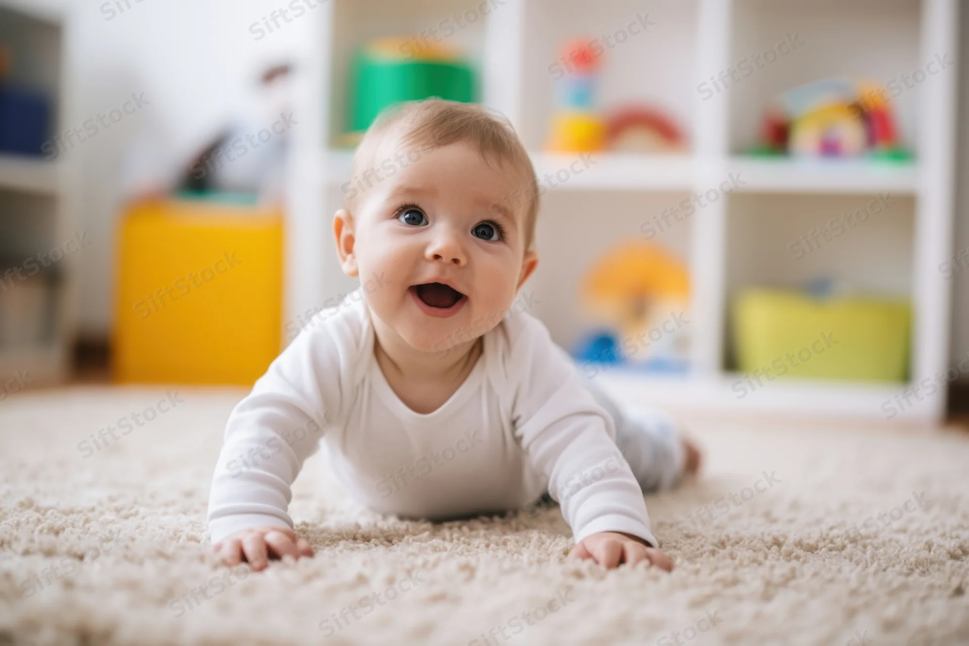 Baby crawling on soft beige rug in bright organized playroom
