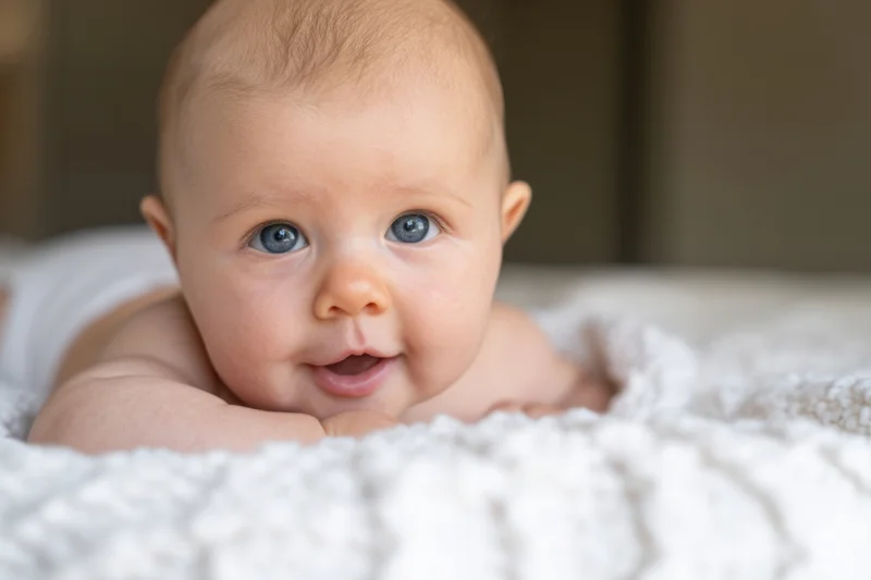 Baby lying on stomach on white textured blanket indoors smiling with blue eyes