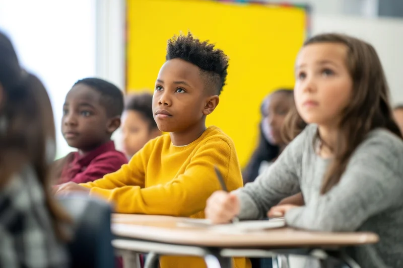 Diverse children sitting at desks in a sunlit classroom listening attentively