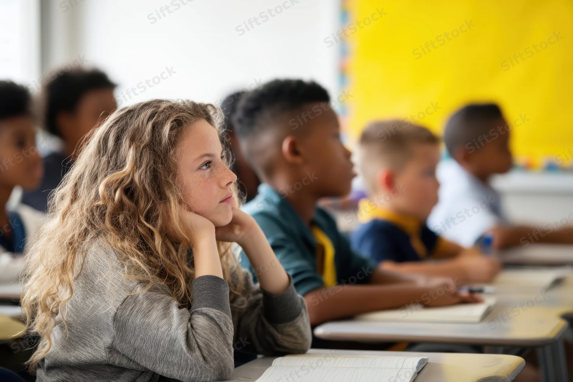 Girl with curly hair resting chin on hands while seated at desk in classroom with other students in row
