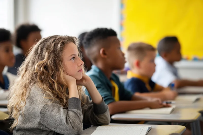 Girl with curly hair resting chin on hands while seated at desk in classroom with other students in row
