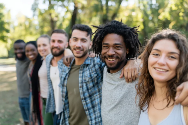 Diverse group of smiling friends standing in a line with arms around each other in a park