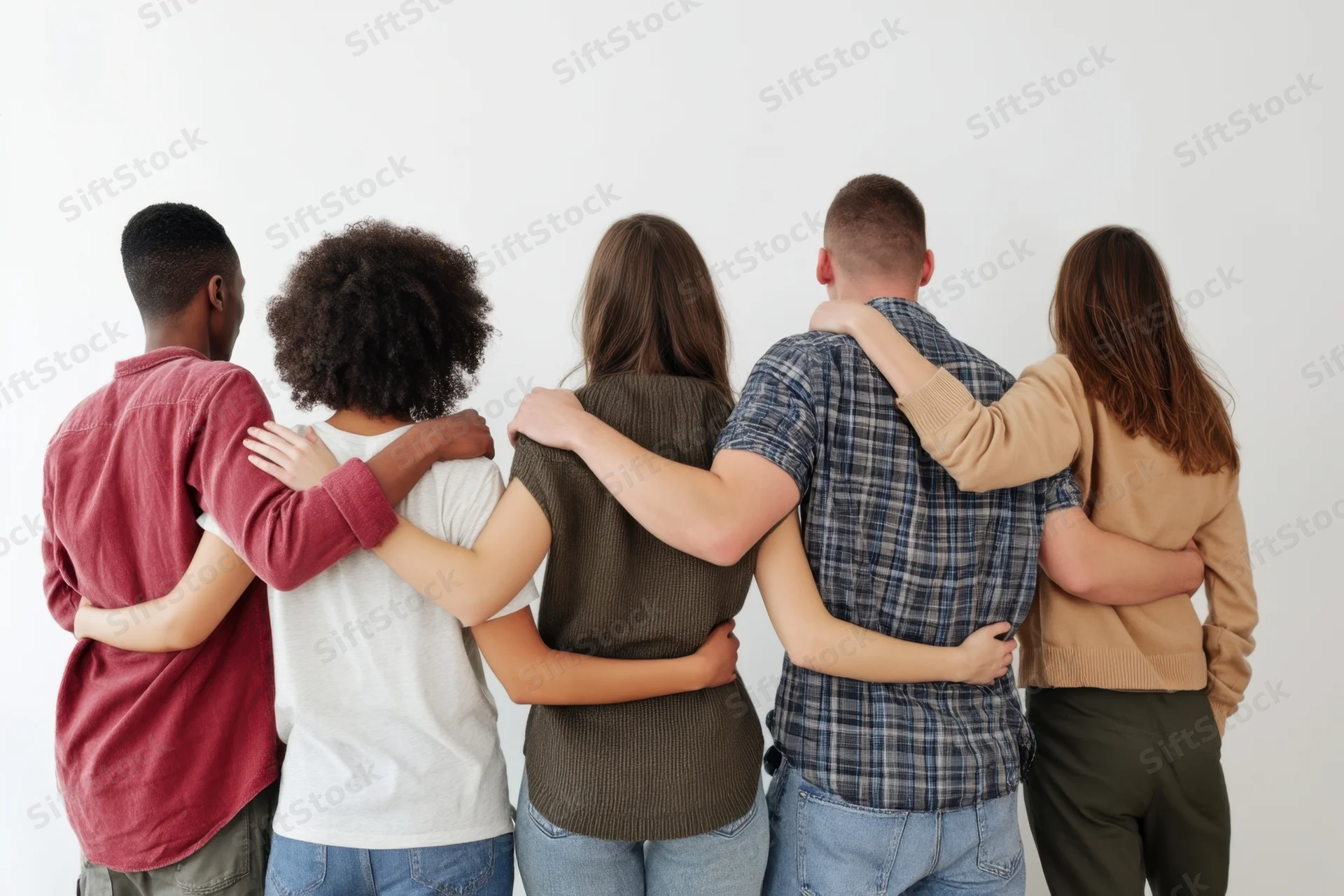 Diverse group of people standing back to camera with arms around each other in a line